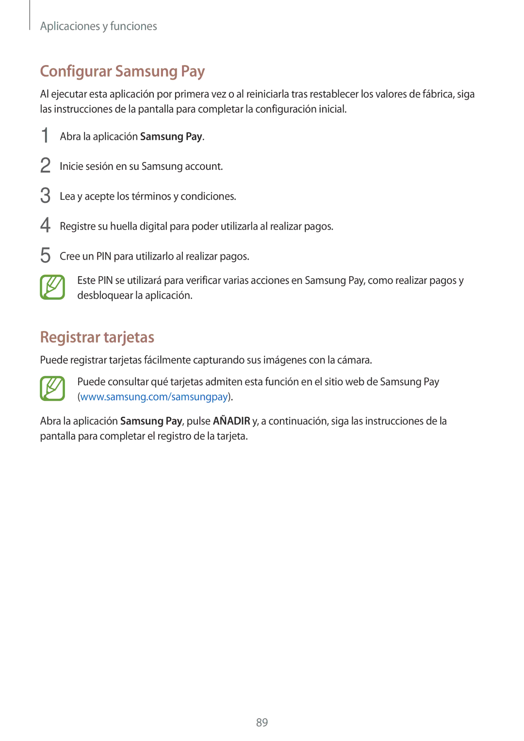 Samsung SM-A320FZBNPHE, SM-A320FZINPHE, SM-A520FZDAPHE, SM-A520FZKAPHE manual Configurar Samsung Pay, Registrar tarjetas 