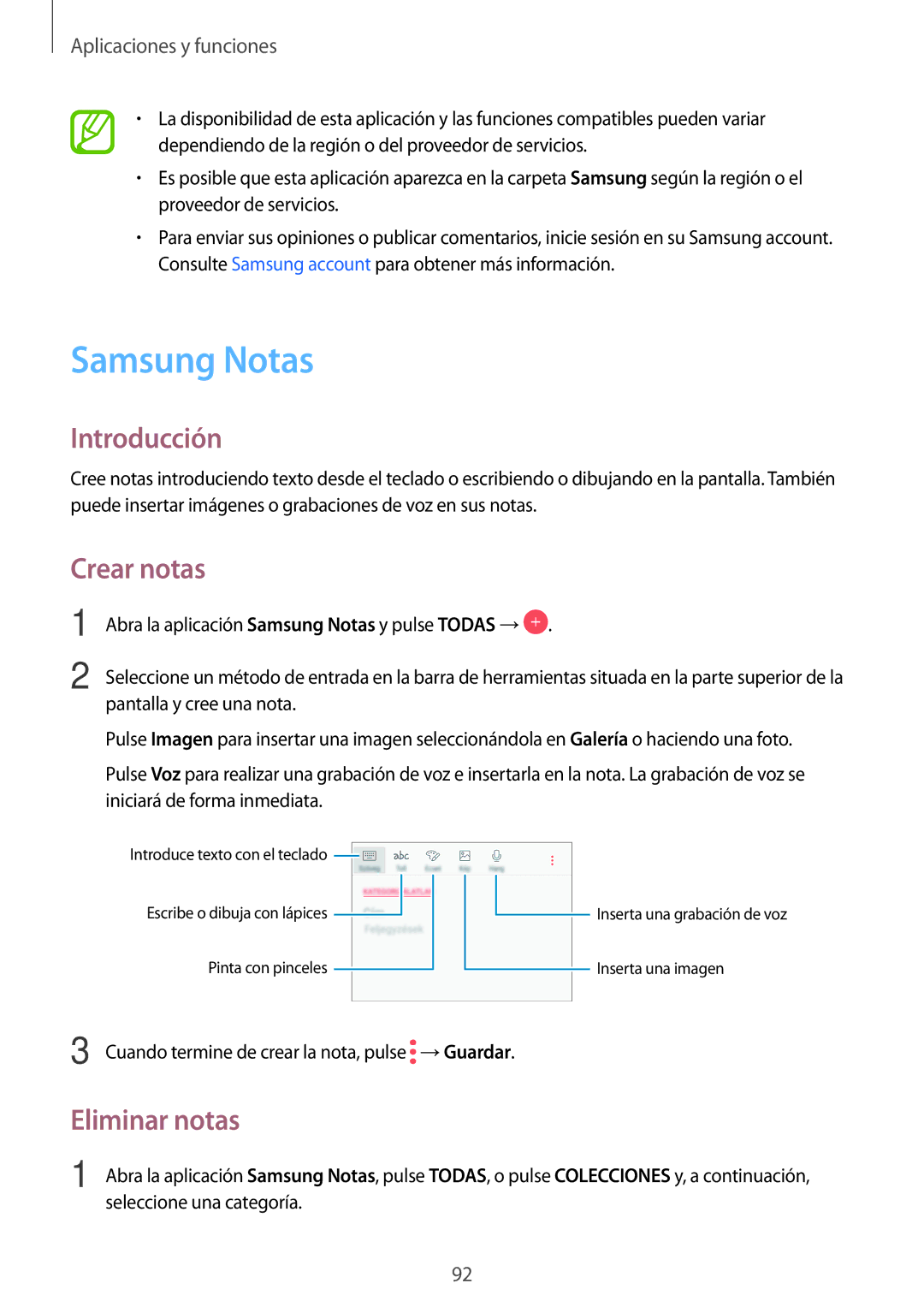 Samsung SM-A520FZIAPHE, SM-A320FZINPHE, SM-A320FZBNPHE, SM-A520FZDAPHE manual Samsung Notas, Crear notas, Eliminar notas 