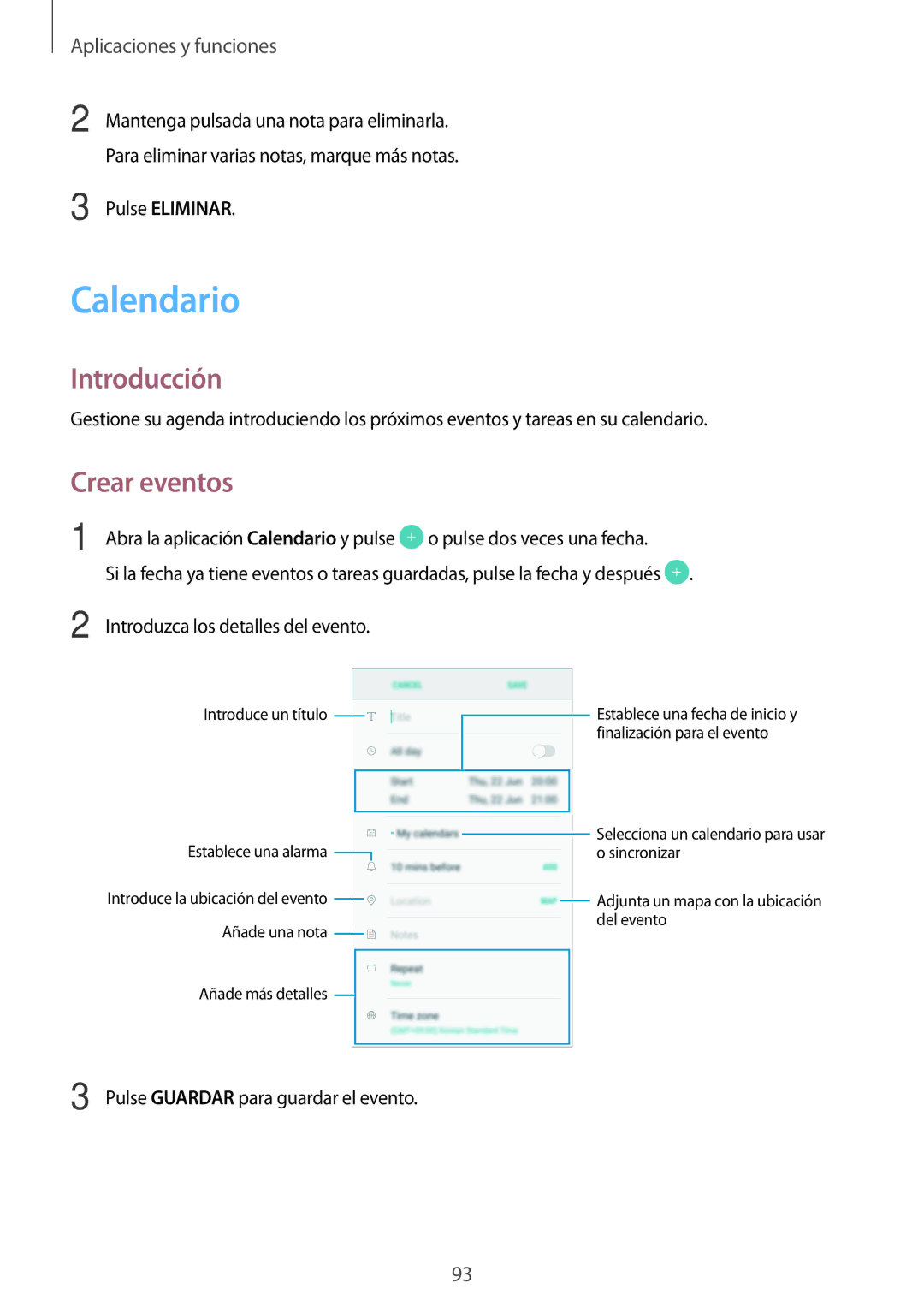 Samsung SM-A320FZDNPHE, SM-A320FZINPHE, SM-A320FZBNPHE, SM-A520FZDAPHE, SM-A520FZKAPHE manual Calendario, Crear eventos 