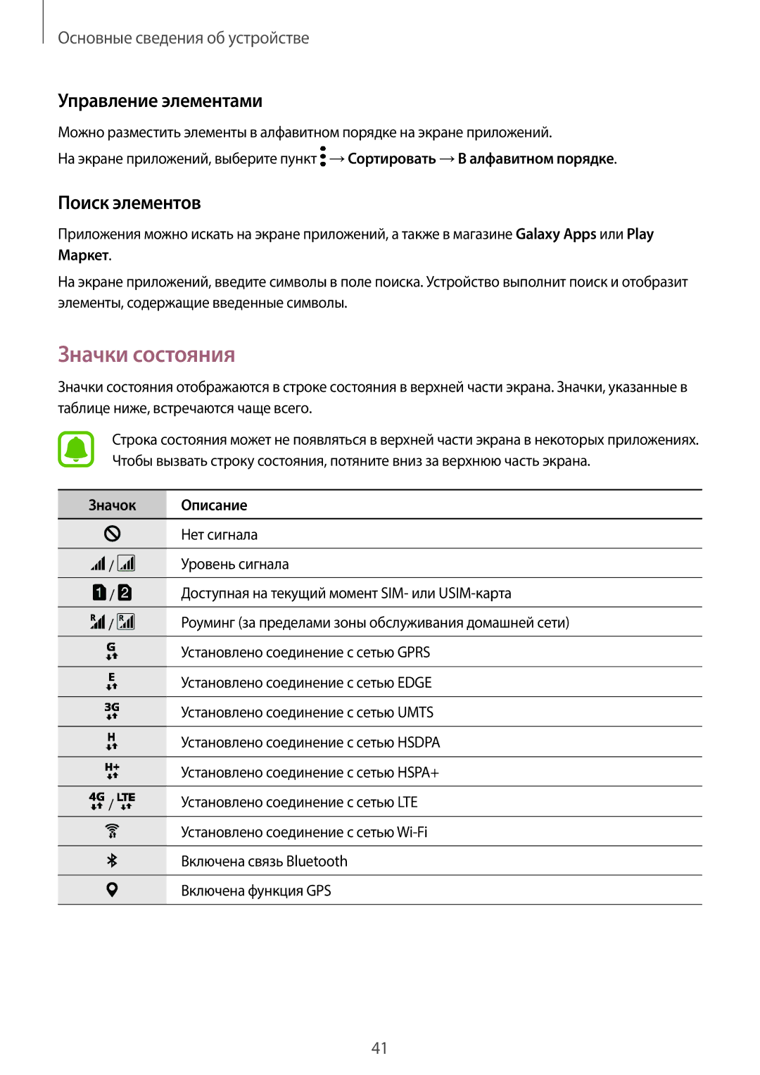 Samsung SM-A320FZDDSER, SM-A320FZKDSER manual Значки состояния, Управление элементами, Поиск элементов, Значок Описание 