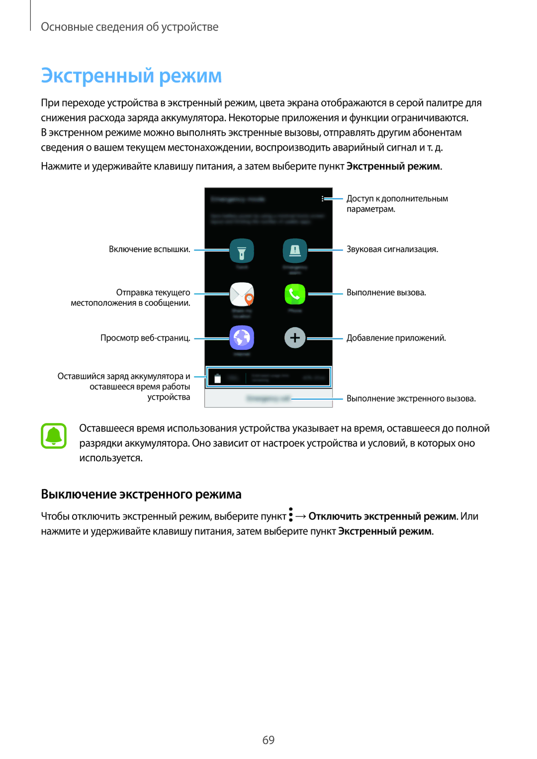 Samsung SM-A320FZKDSER, SM-A320FZBDSER, SM-A320FZDDSER manual Экстренный режим, Выключение экстренного режима 