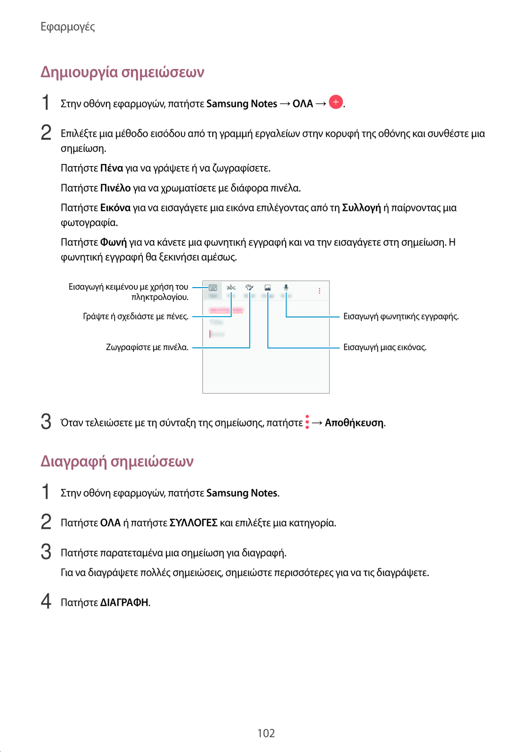 Samsung SM-A320FZDNVGR, SM-A320FZKNCOS, SM-A320FZDNCOS, SM-A320FZINCOS manual Δημιουργία σημειώσεων, Διαγραφή σημειώσεων 