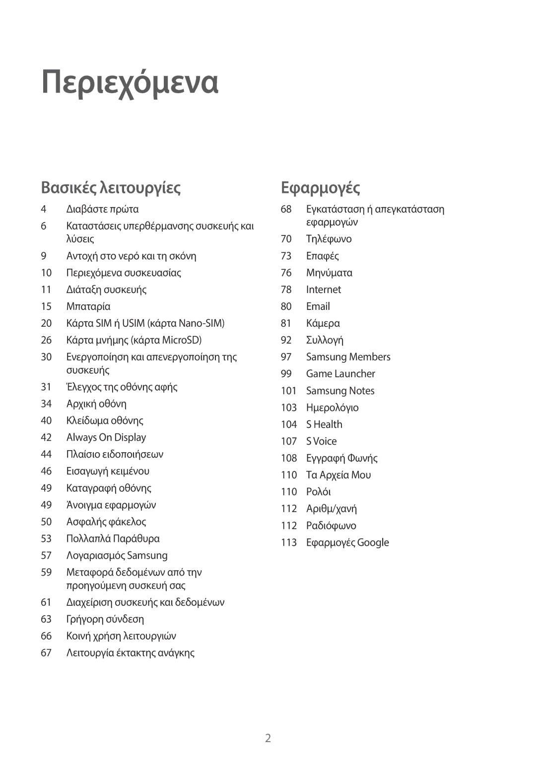 Samsung SM-A320FZINCOS, SM-A320FZKNCOS, SM-A320FZDNCOS, SM-A320FZINEUR, SM-A320FZINCYV, SM-A320FZKNEUR manual Περιεχόμενα 