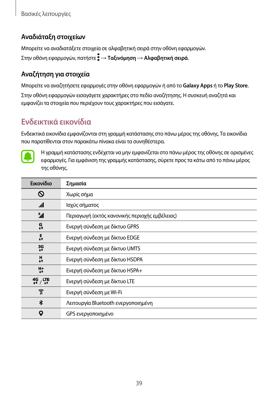 Samsung SM-A320FZINEUR manual Ενδεικτικά εικονίδια, Αναδιάταξη στοιχείων, Αναζήτηση για στοιχεία, Εικονίδιο Σημασία 