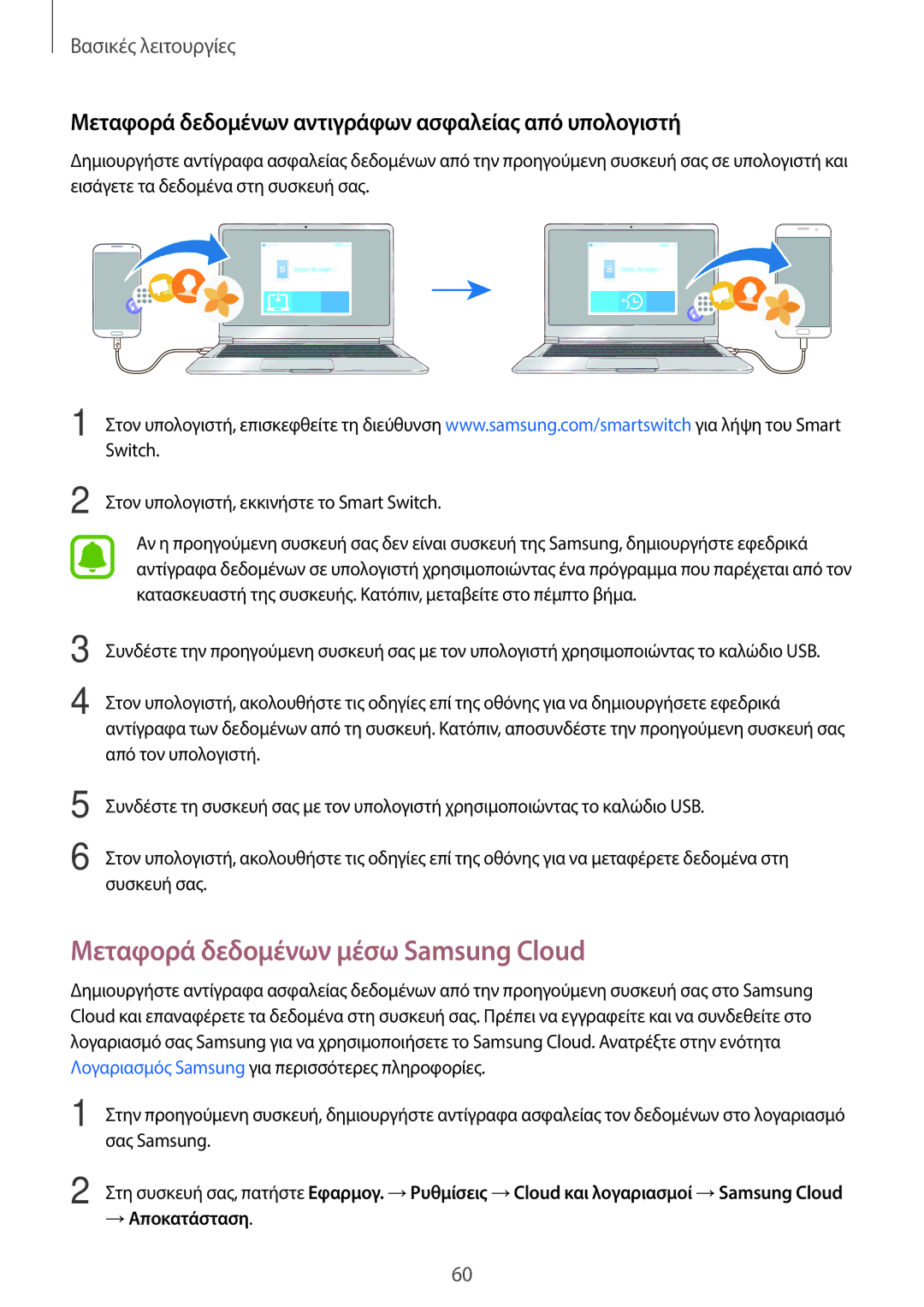 Samsung SM-A320FZKNCOS manual Μεταφορά δεδομένων μέσω Samsung Cloud, Μεταφορά δεδομένων αντιγράφων ασφαλείας από υπολογιστή 