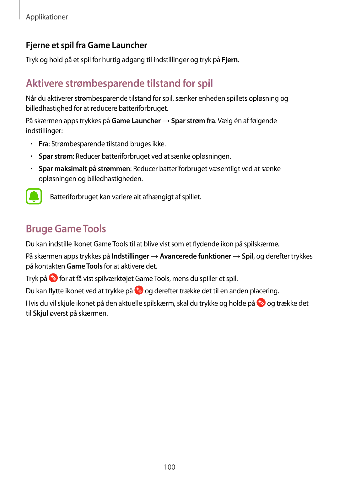 Samsung SM-A320FZDNNEE Aktivere strømbesparende tilstand for spil, Bruge Game Tools, Fjerne et spil fra Game Launcher 