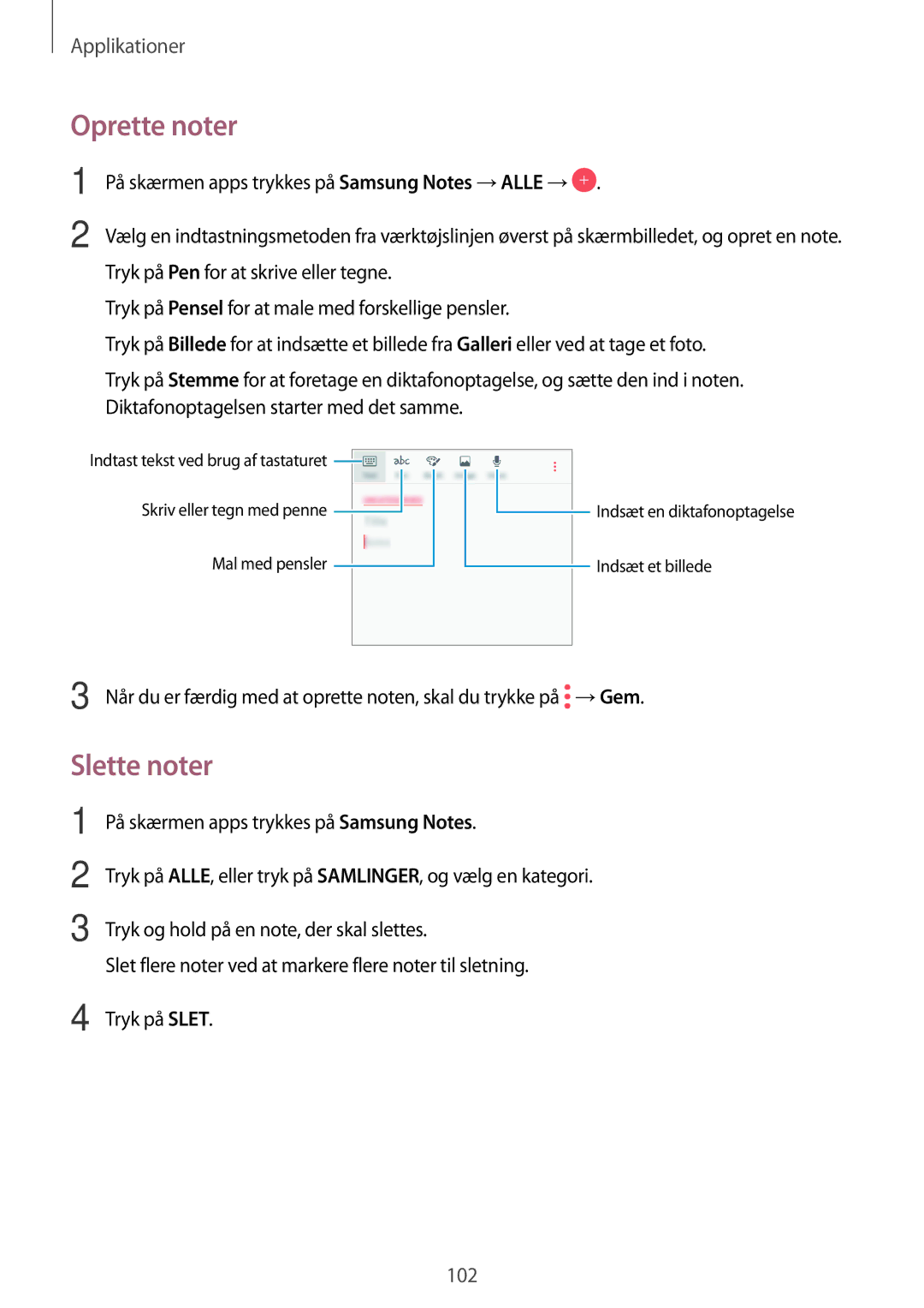 Samsung SM-A320FZKNNEE, SM-A320FZDNNEE, SM-A320FZINNEE manual Oprette noter, Slette noter 