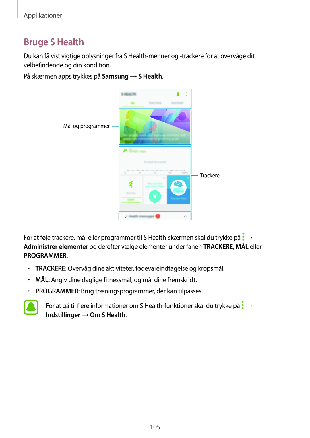 Samsung SM-A320FZKNNEE, SM-A320FZDNNEE, SM-A320FZINNEE manual Bruge S Health, Programmer 