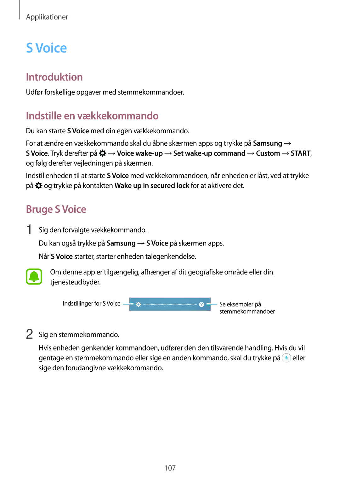 Samsung SM-A320FZINNEE, SM-A320FZKNNEE, SM-A320FZDNNEE manual Indstille en vækkekommando, Bruge S Voice 