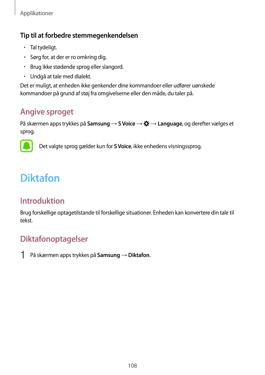 Samsung SM-A320FZKNNEE, SM-A320FZDNNEE manual Angive sproget, Diktafonoptagelser, Tip til at forbedre stemmegenkendelsen 