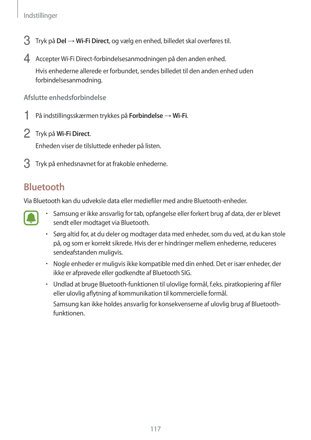 Samsung SM-A320FZKNNEE, SM-A320FZDNNEE, SM-A320FZINNEE manual Bluetooth, Afslutte enhedsforbindelse 