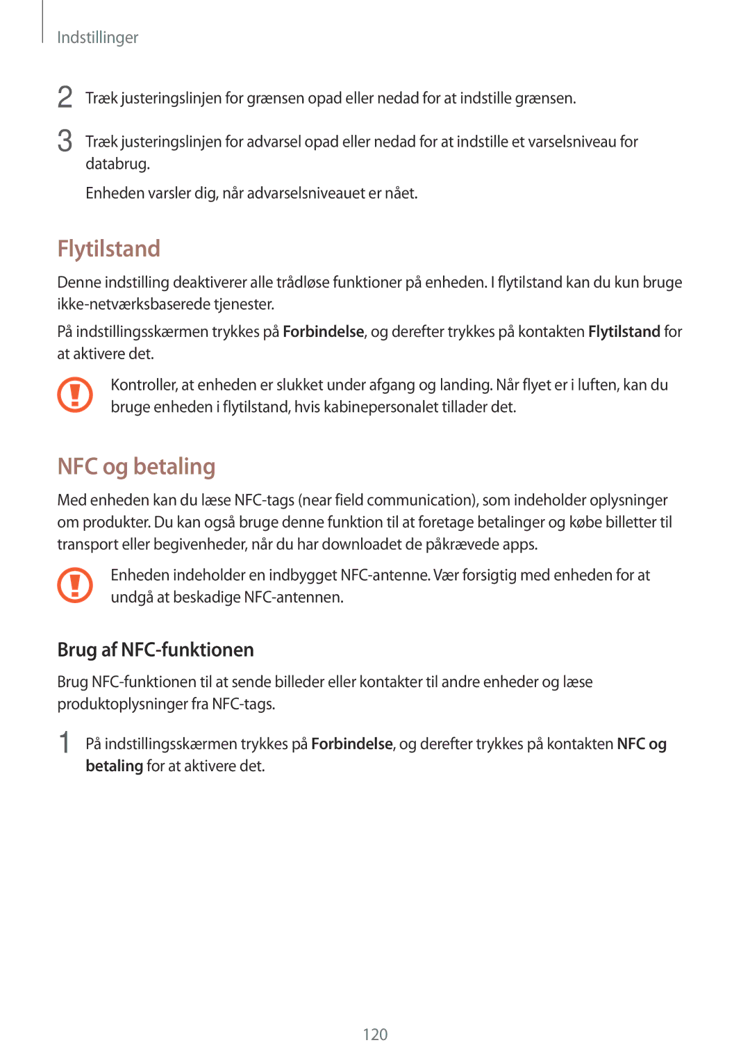 Samsung SM-A320FZKNNEE, SM-A320FZDNNEE, SM-A320FZINNEE manual Flytilstand, NFC og betaling, Brug af NFC-funktionen 