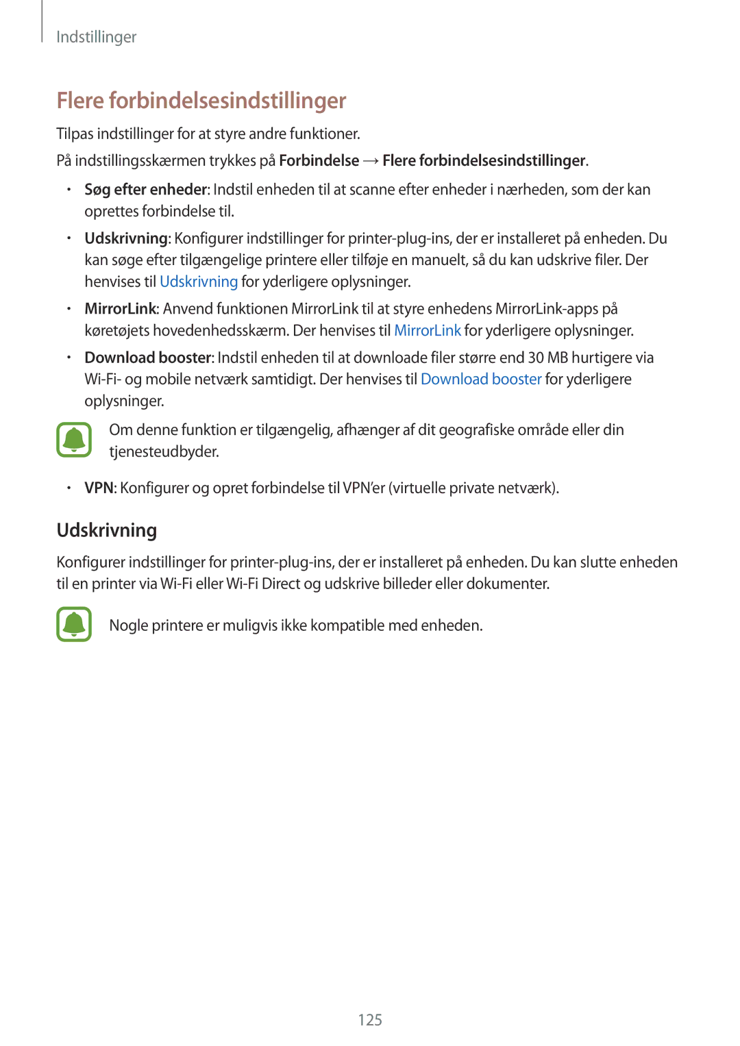 Samsung SM-A320FZINNEE, SM-A320FZKNNEE, SM-A320FZDNNEE manual Flere forbindelsesindstillinger, Udskrivning 