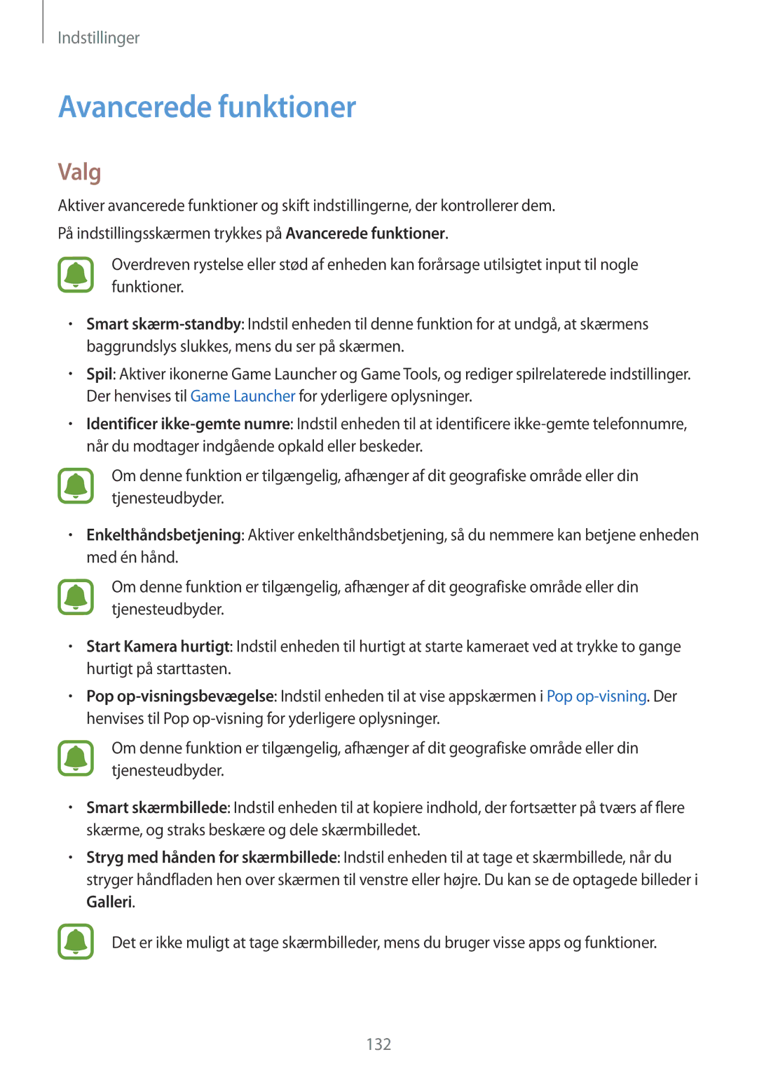 Samsung SM-A320FZKNNEE, SM-A320FZDNNEE, SM-A320FZINNEE manual Avancerede funktioner, Valg 