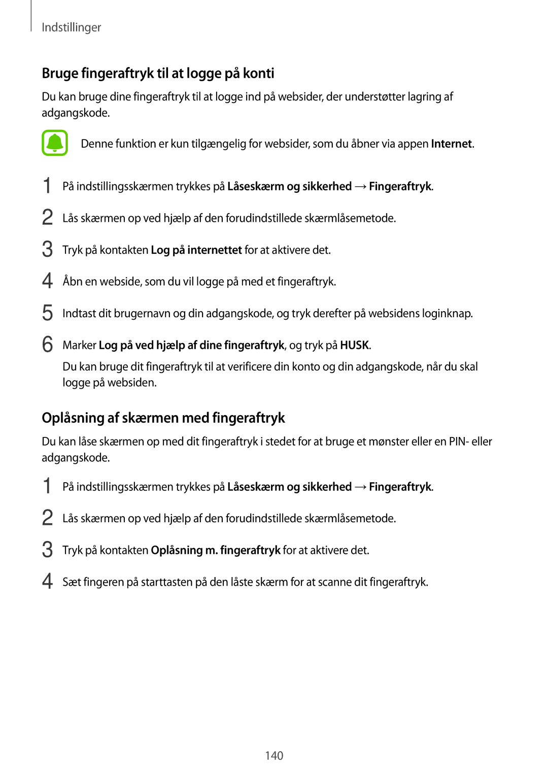 Samsung SM-A320FZINNEE, SM-A320FZKNNEE Bruge fingeraftryk til at logge på konti, Oplåsning af skærmen med fingeraftryk 