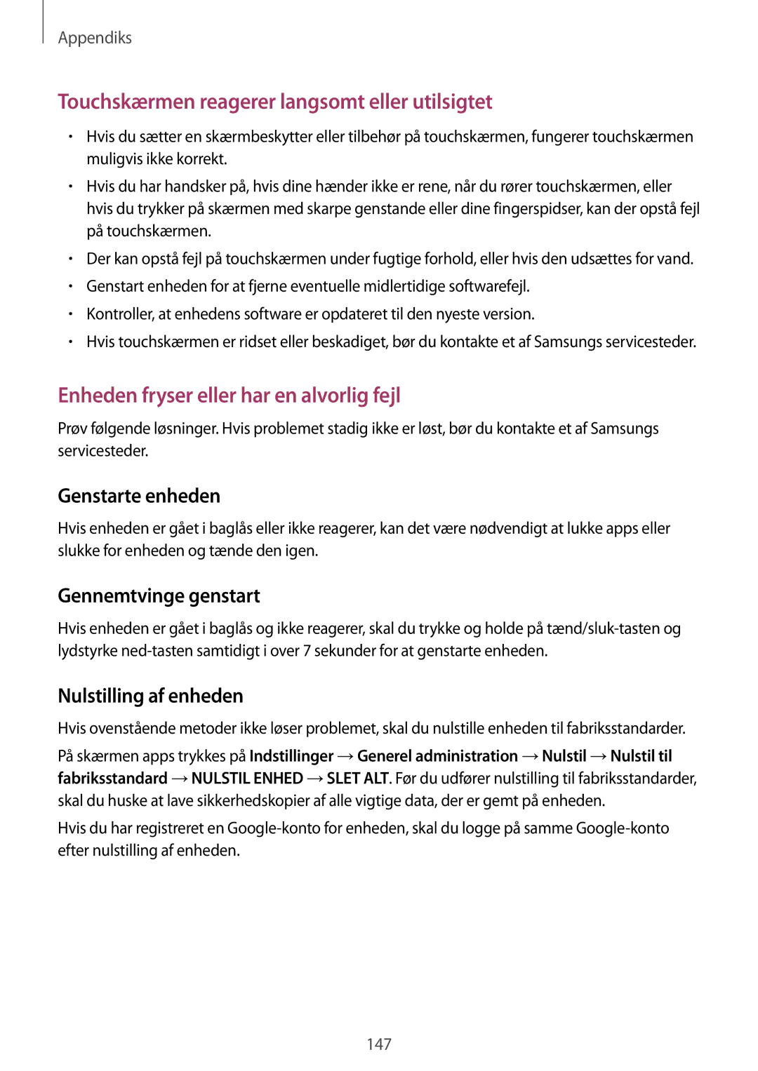 Samsung SM-A320FZKNNEE, SM-A320FZDNNEE, SM-A320FZINNEE manual Gennemtvinge genstart, Nulstilling af enheden 