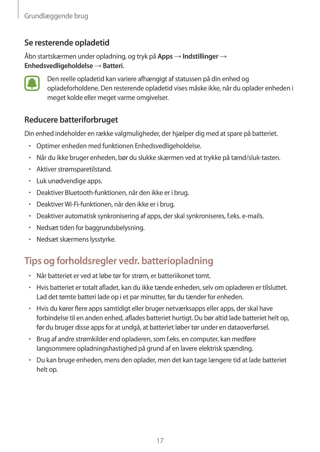 Samsung SM-A320FZINNEE Tips og forholdsregler vedr. batteriopladning, Se resterende opladetid, Reducere batteriforbruget 