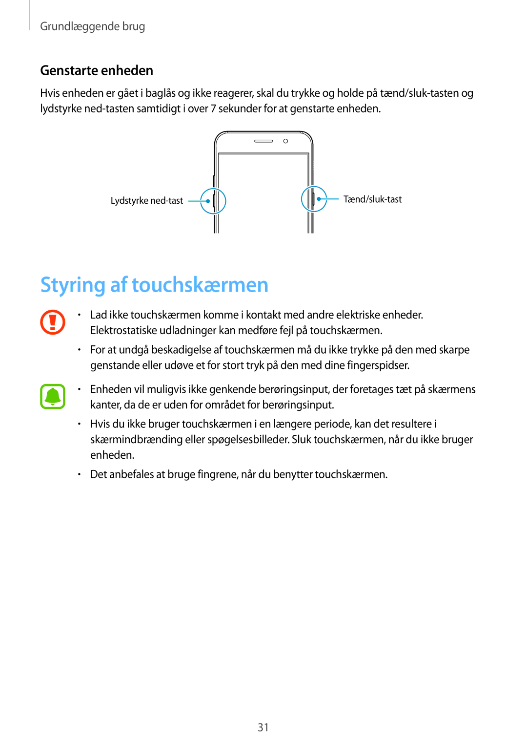 Samsung SM-A320FZDNNEE, SM-A320FZKNNEE, SM-A320FZINNEE manual Styring af touchskærmen, Genstarte enheden 