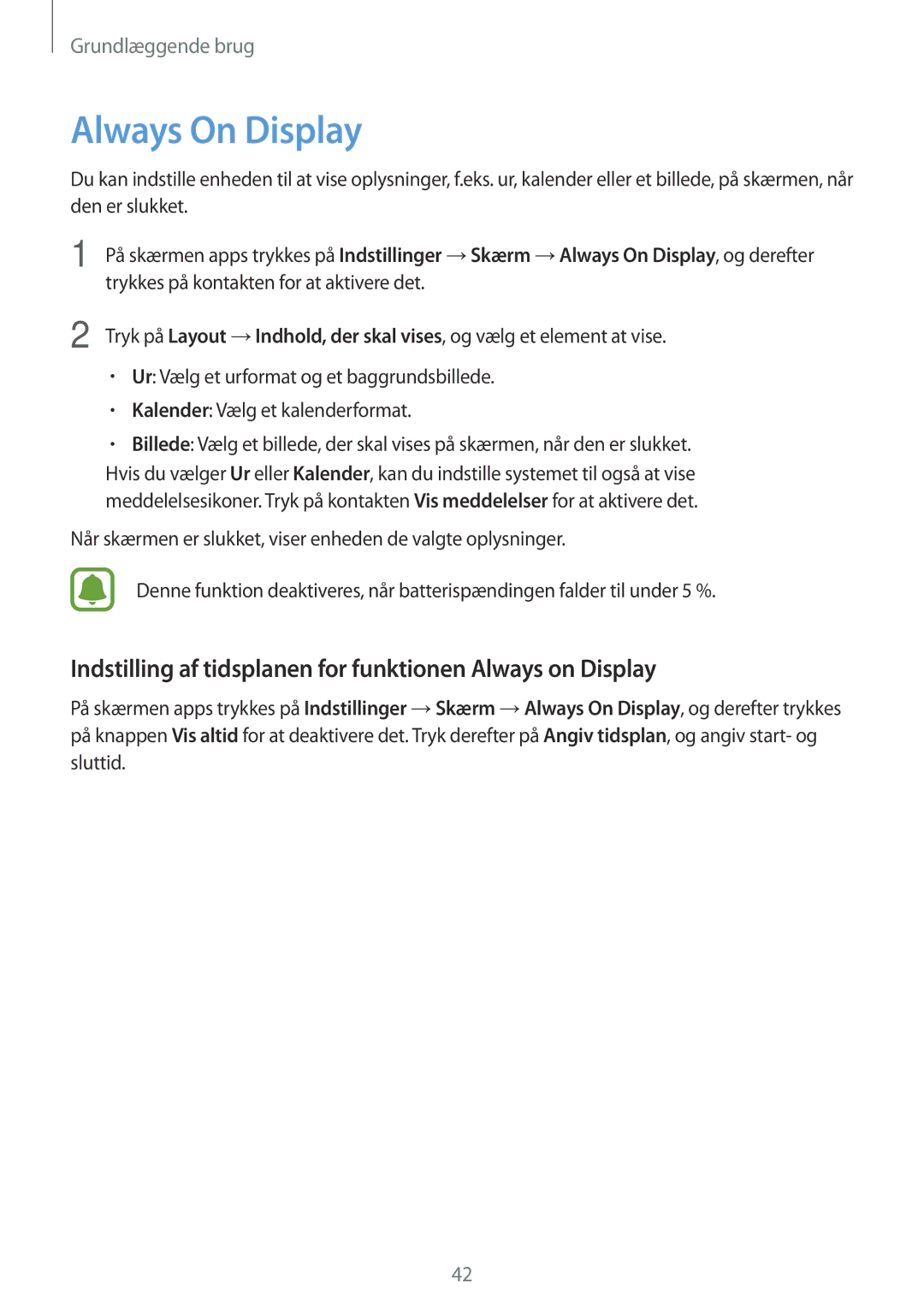 Samsung SM-A320FZKNNEE, SM-A320FZDNNEE manual Always On Display, Indstilling af tidsplanen for funktionen Always on Display 