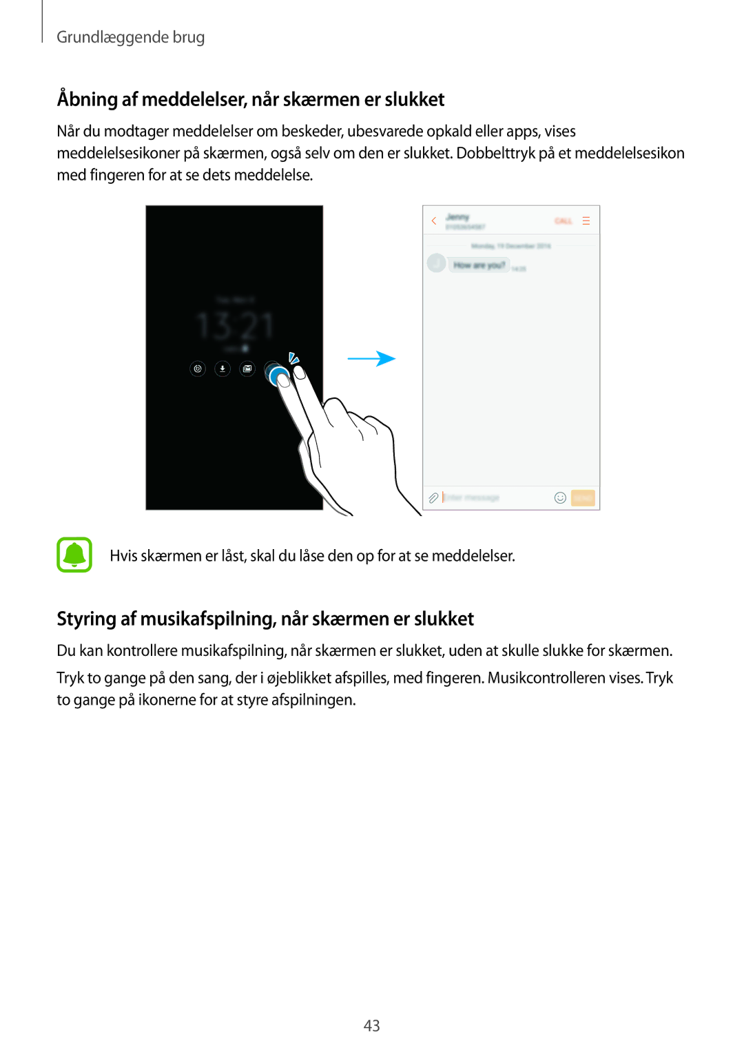 Samsung SM-A320FZDNNEE Åbning af meddelelser, når skærmen er slukket, Styring af musikafspilning, når skærmen er slukket 