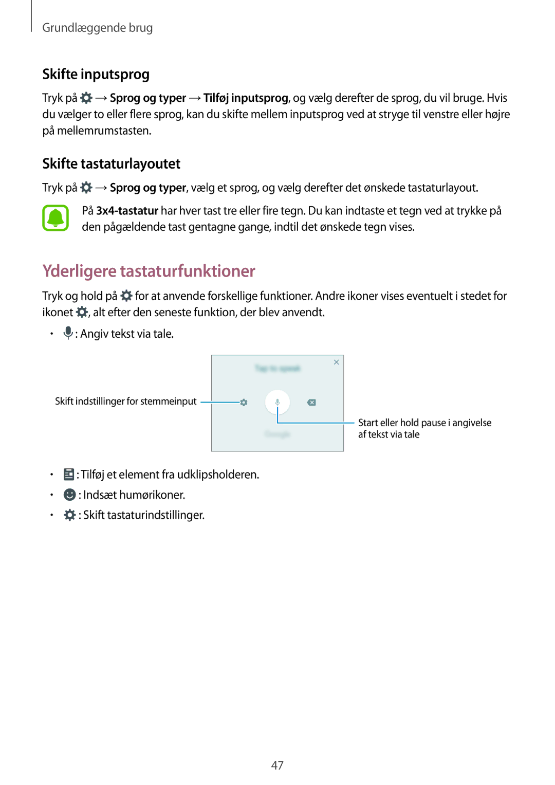 Samsung SM-A320FZINNEE, SM-A320FZKNNEE manual Yderligere tastaturfunktioner, Skifte inputsprog, Skifte tastaturlayoutet 