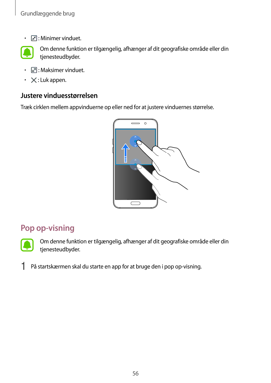 Samsung SM-A320FZINNEE, SM-A320FZKNNEE, SM-A320FZDNNEE manual Pop op-visning, Justere vinduesstørrelsen 