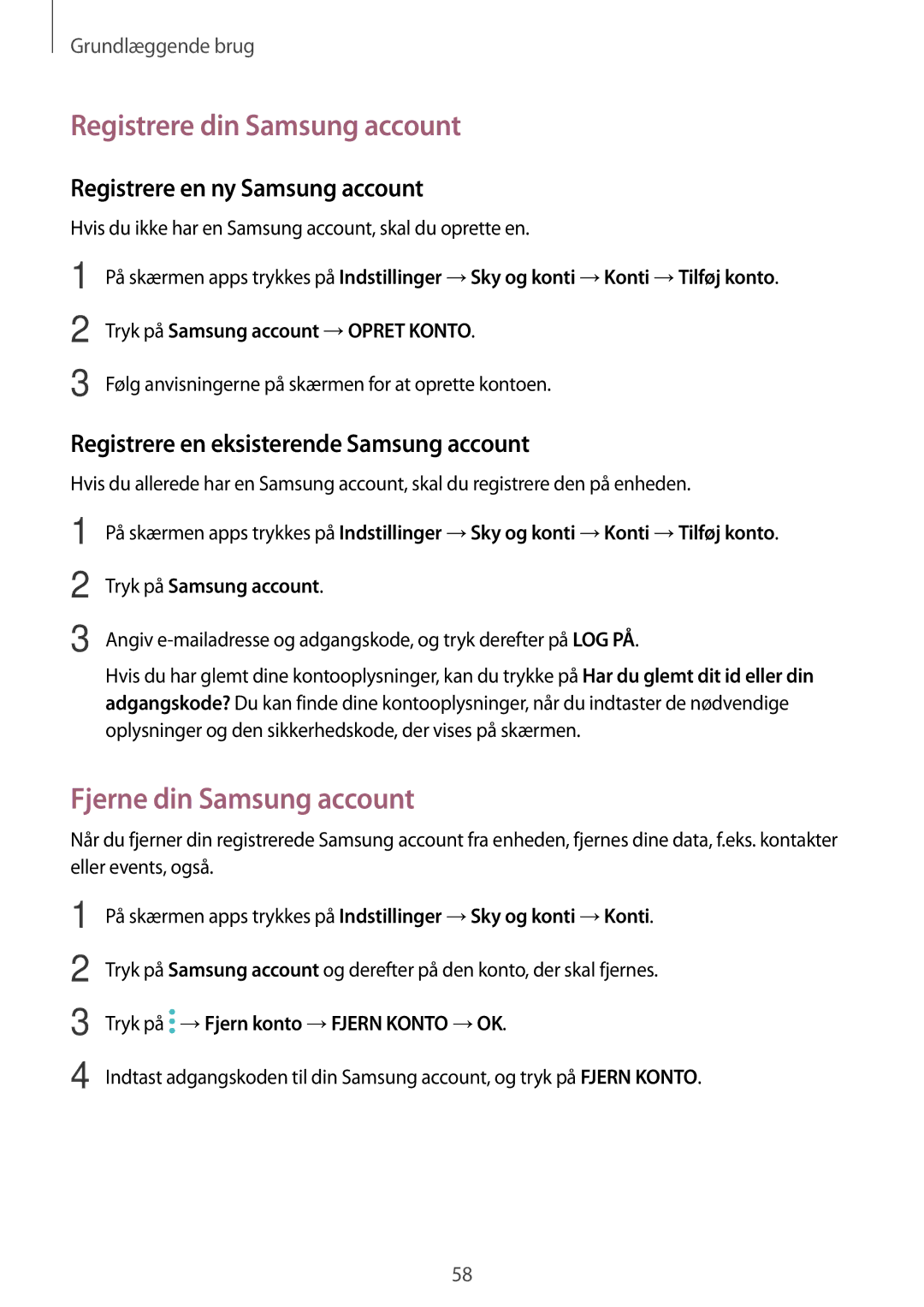 Samsung SM-A320FZDNNEE manual Registrere din Samsung account, Fjerne din Samsung account, Registrere en ny Samsung account 