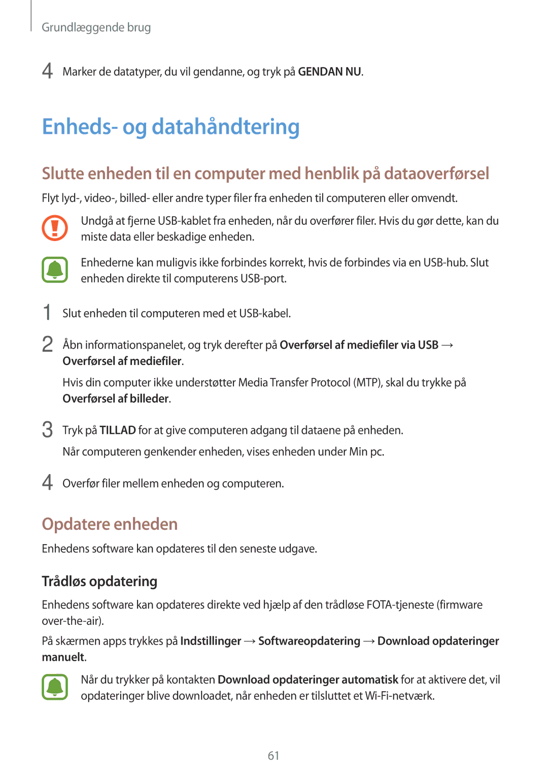 Samsung SM-A320FZDNNEE, SM-A320FZKNNEE, SM-A320FZINNEE manual Enheds- og datahåndtering, Opdatere enheden, Trådløs opdatering 