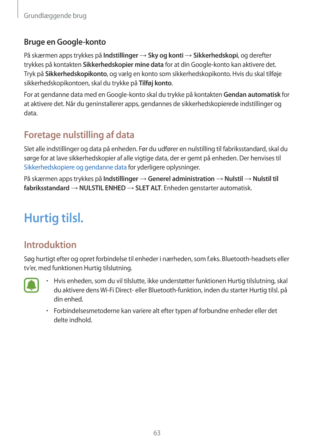 Samsung SM-A320FZKNNEE, SM-A320FZDNNEE, SM-A320FZINNEE Hurtig tilsl, Foretage nulstilling af data, Bruge en Google-konto 