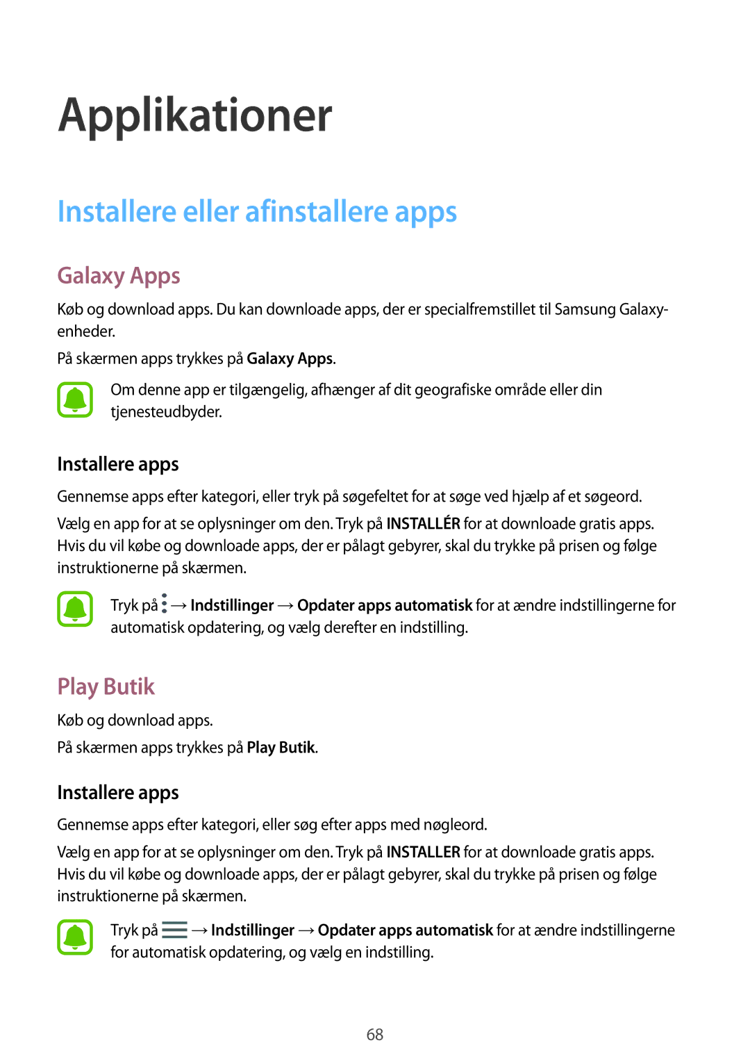 Samsung SM-A320FZINNEE, SM-A320FZKNNEE manual Installere eller afinstallere apps, Galaxy Apps, Play Butik, Installere apps 