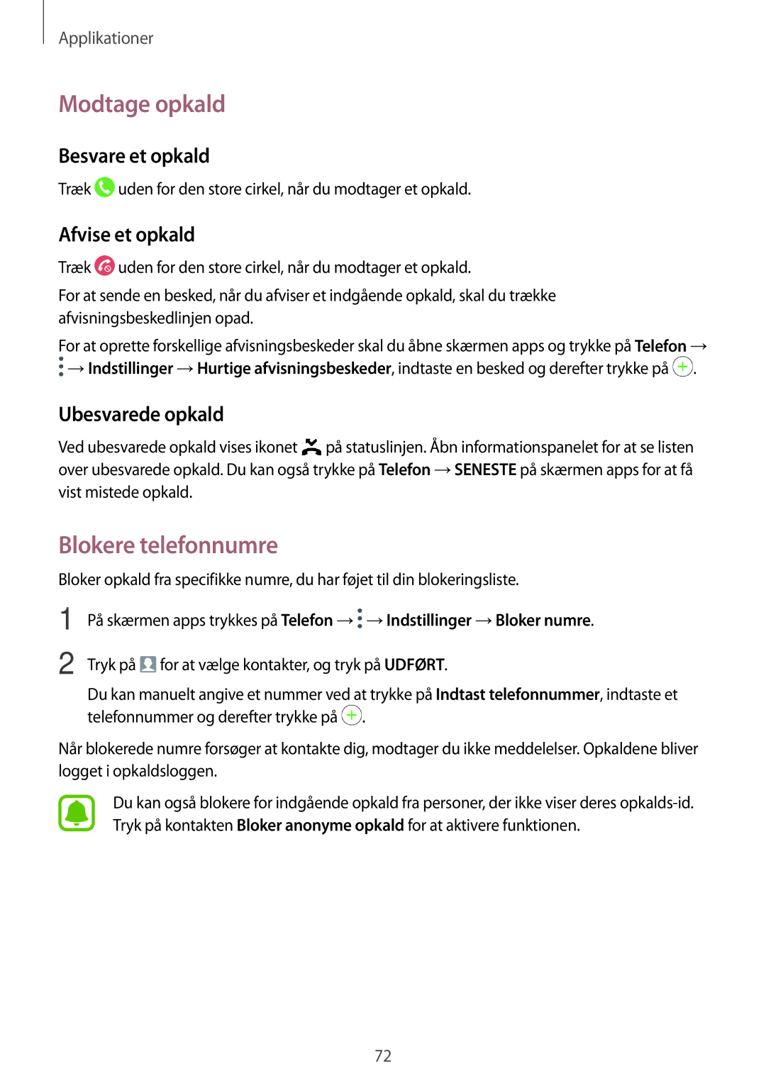 Samsung SM-A320FZKNNEE manual Modtage opkald, Blokere telefonnumre, Besvare et opkald, Afvise et opkald, Ubesvarede opkald 