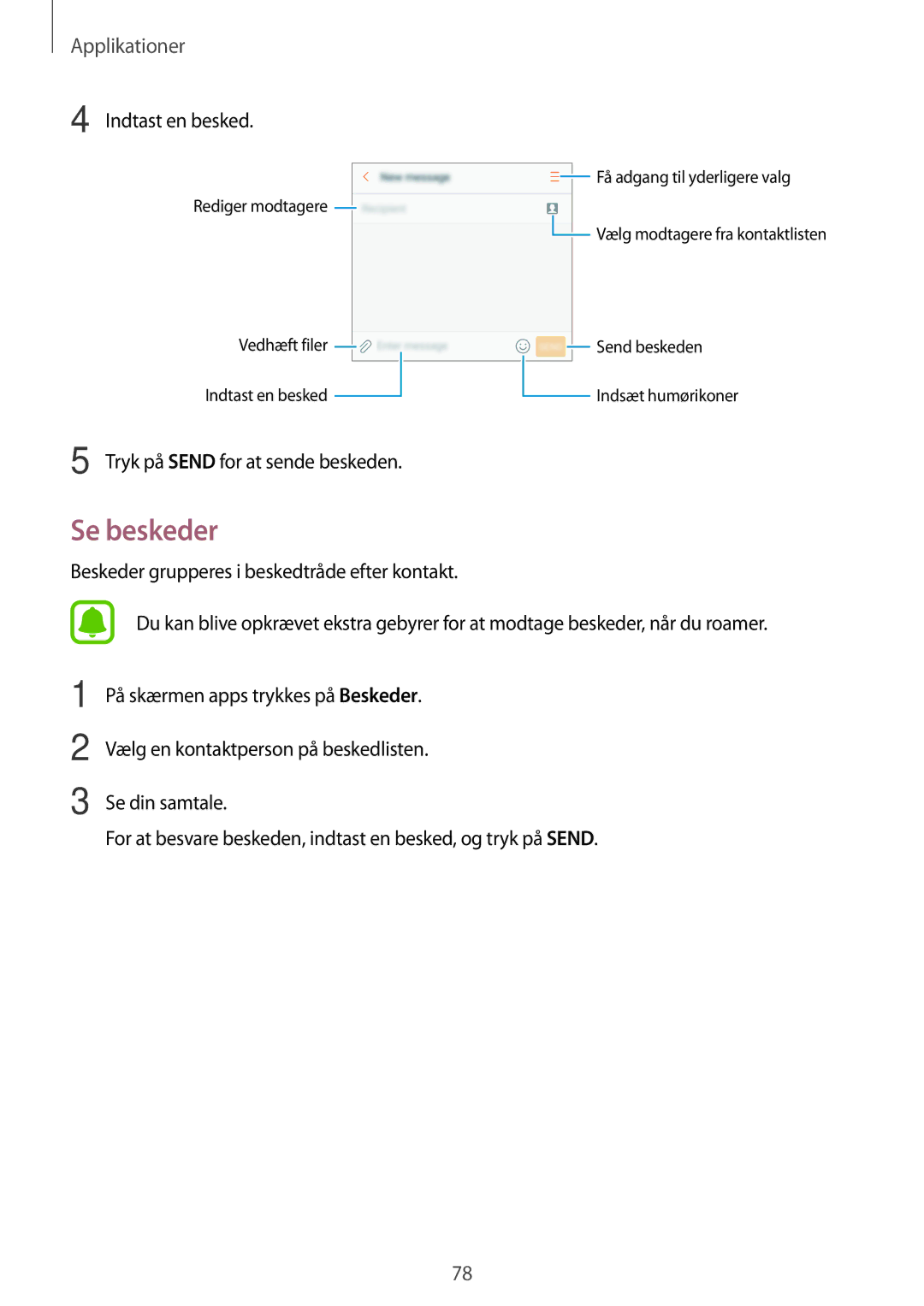 Samsung SM-A320FZKNNEE, SM-A320FZDNNEE, SM-A320FZINNEE manual Se beskeder, Indtast en besked 