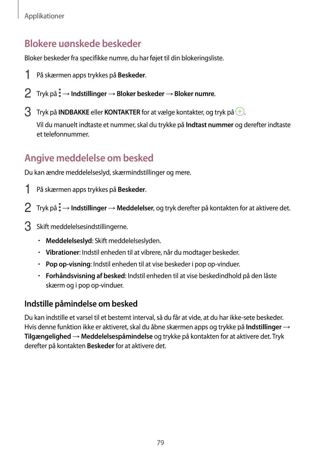 Samsung SM-A320FZDNNEE manual Blokere uønskede beskeder, Angive meddelelse om besked, Indstille påmindelse om besked 