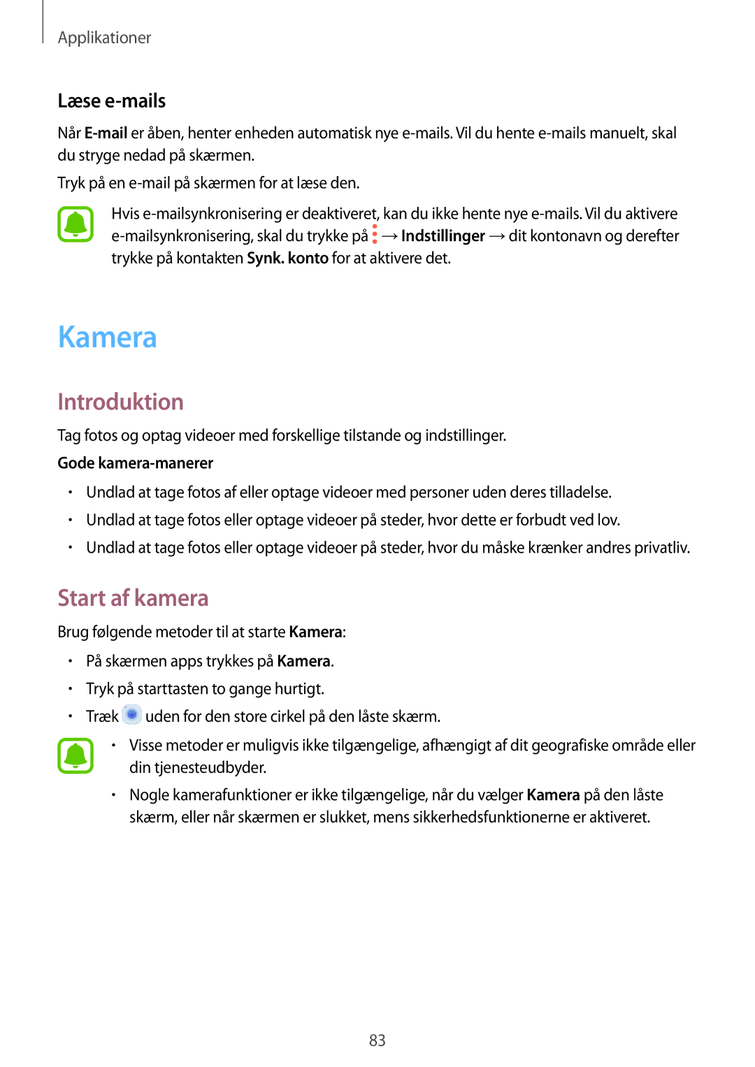 Samsung SM-A320FZINNEE, SM-A320FZKNNEE, SM-A320FZDNNEE manual Kamera, Start af kamera, Læse e-mails, Gode kamera-manerer 