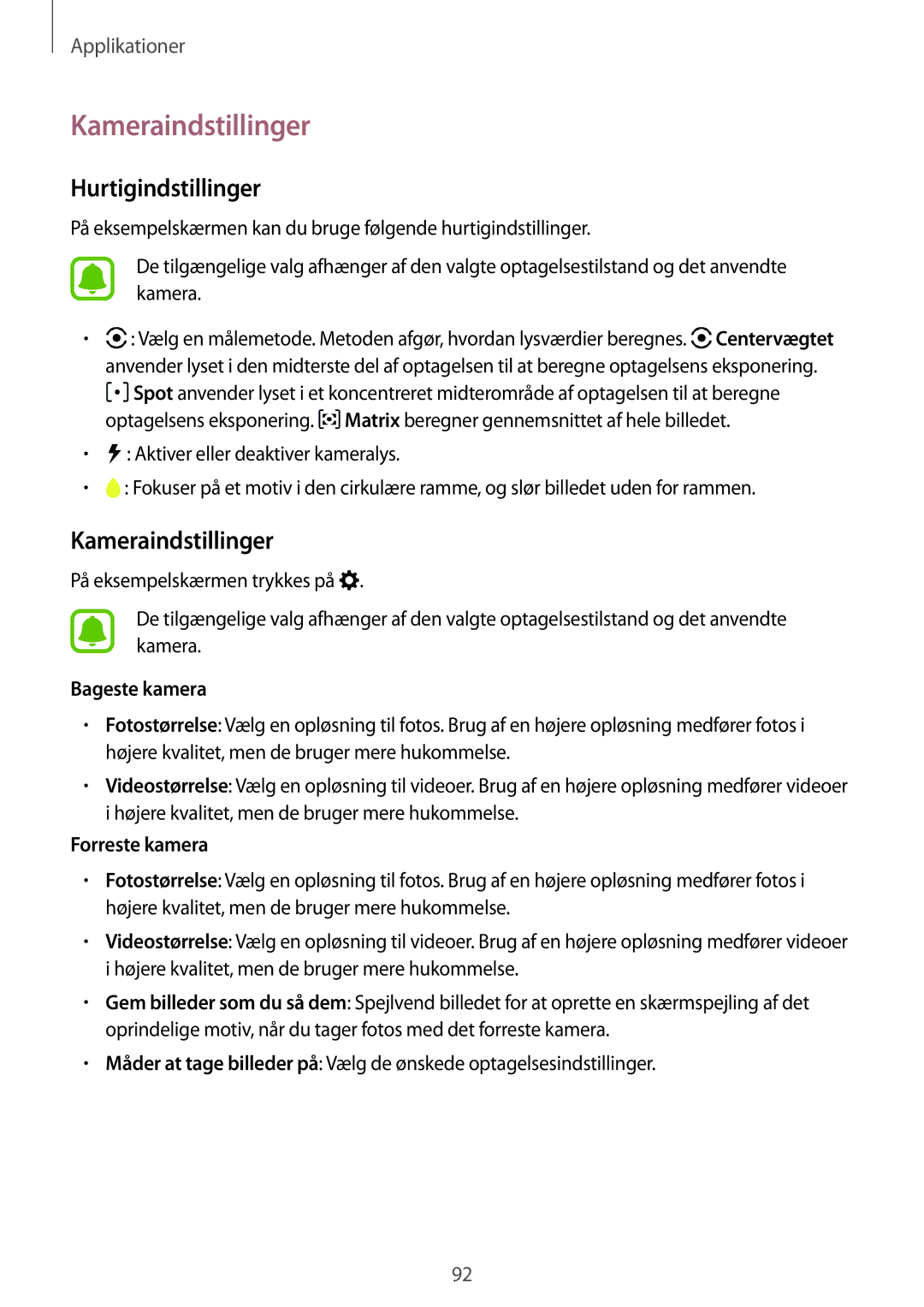 Samsung SM-A320FZINNEE, SM-A320FZKNNEE manual Kameraindstillinger, Hurtigindstillinger, Bageste kamera, Forreste kamera 