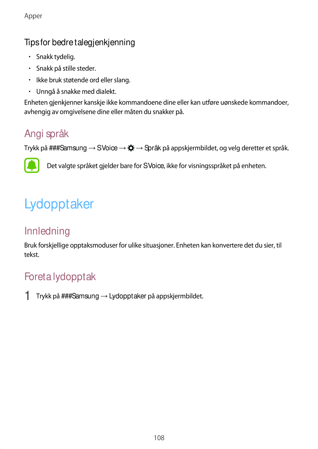 Samsung SM-A320FZKNNEE, SM-A320FZDNNEE manual Lydopptaker, Angi språk, Foreta lydopptak, Tips for bedre talegjenkjenning 