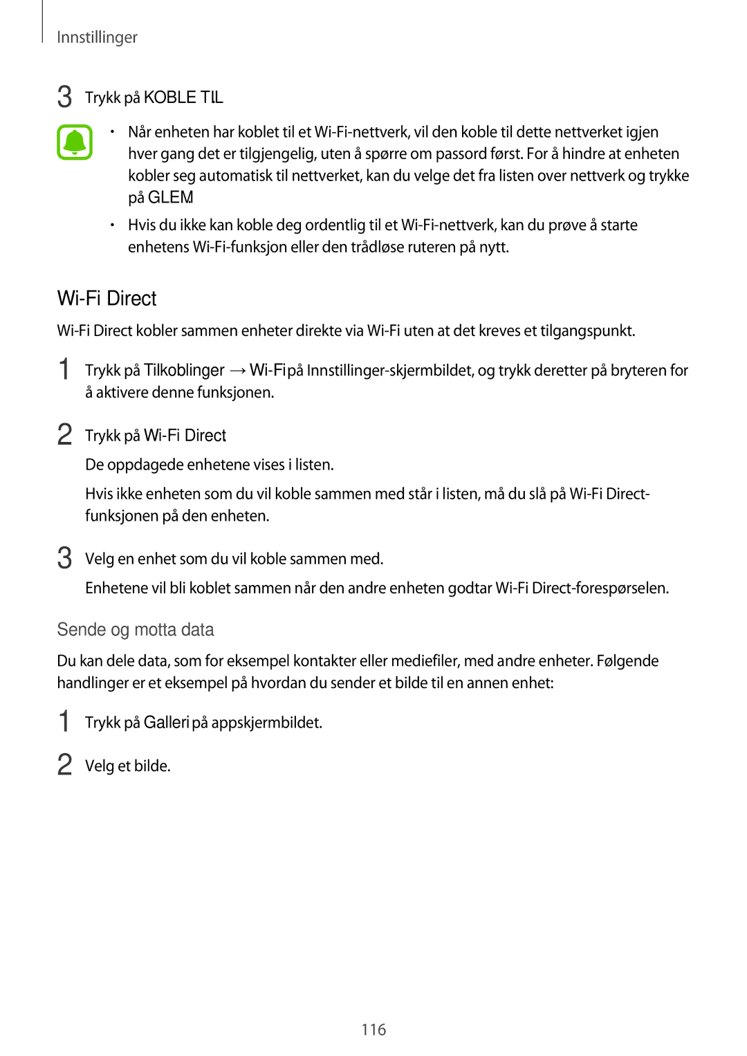 Samsung SM-A320FZINNEE, SM-A320FZKNNEE, SM-A320FZDNNEE manual Trykk på Wi-Fi Direct 