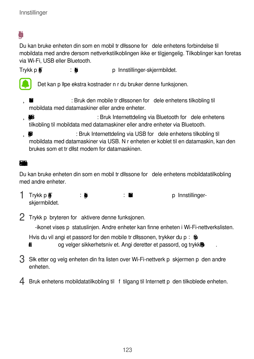 Samsung SM-A320FZKNNEE, SM-A320FZDNNEE, SM-A320FZINNEE manual Internettdeling, Bruke den mobile trådløssonen 