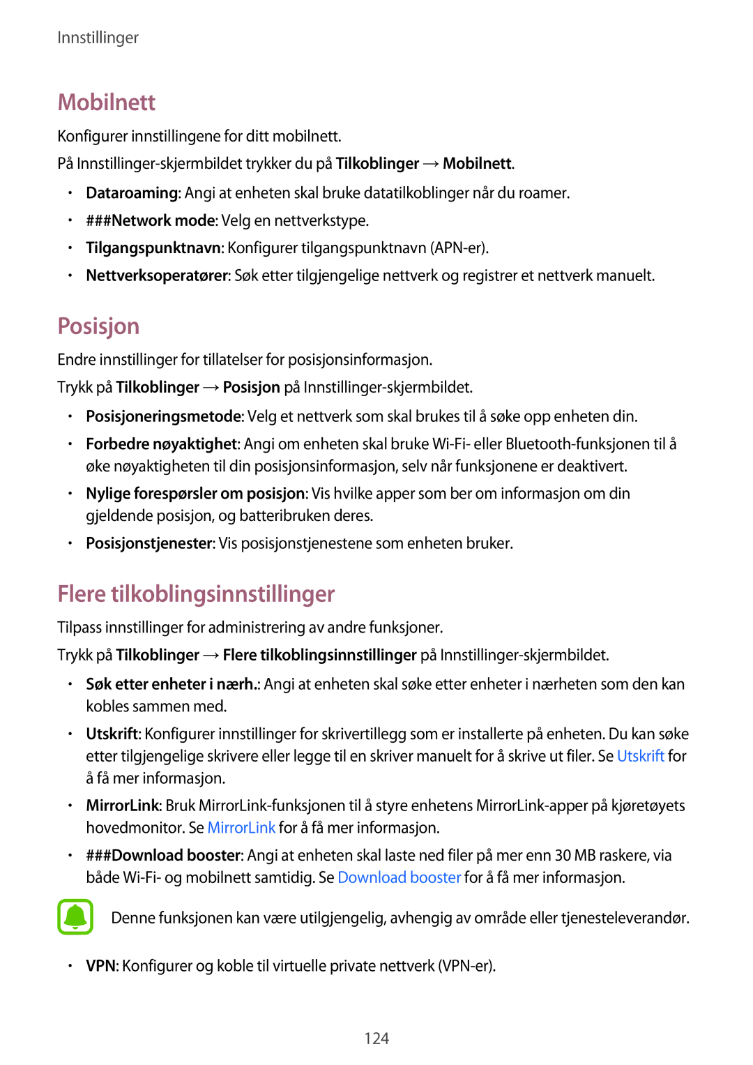 Samsung SM-A320FZDNNEE, SM-A320FZKNNEE, SM-A320FZINNEE manual Mobilnett, Posisjon, Flere tilkoblingsinnstillinger 