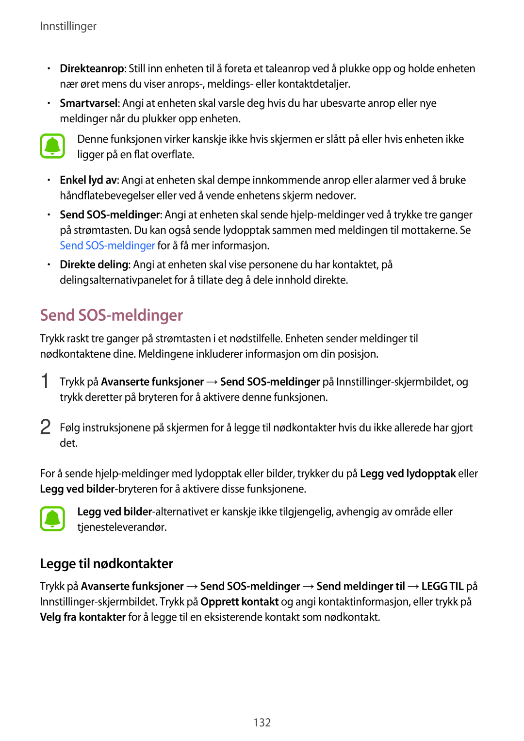 Samsung SM-A320FZKNNEE, SM-A320FZDNNEE, SM-A320FZINNEE manual Send SOS-meldinger, Legge til nødkontakter 