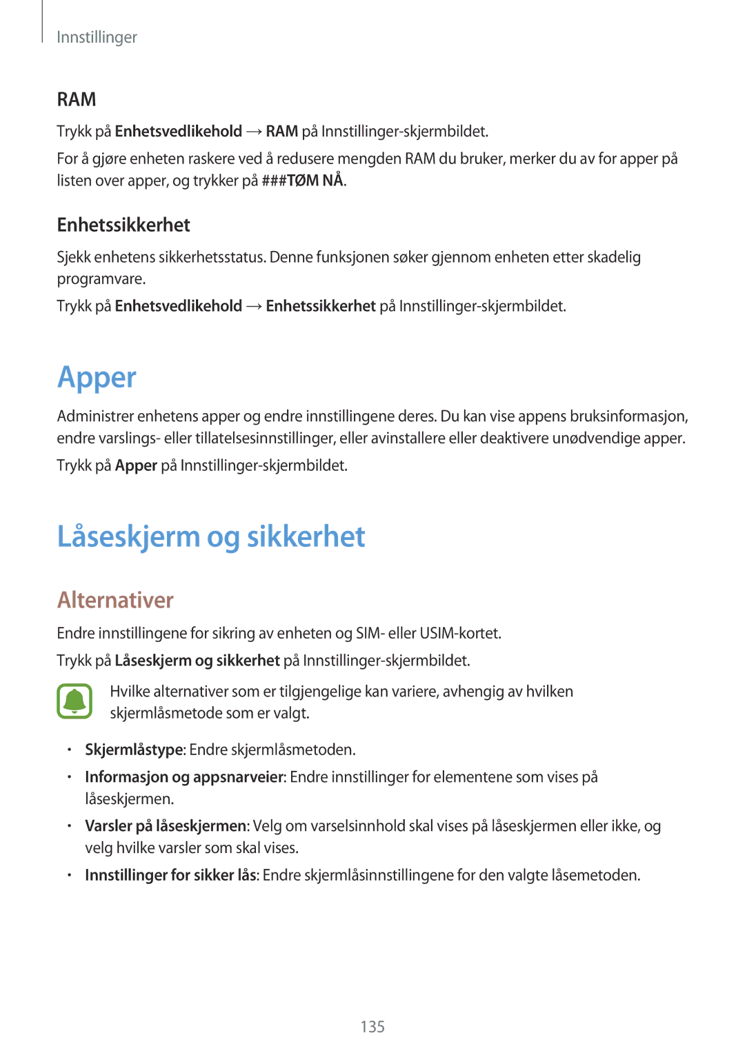 Samsung SM-A320FZKNNEE, SM-A320FZDNNEE, SM-A320FZINNEE manual Apper, Låseskjerm og sikkerhet, Enhetssikkerhet 