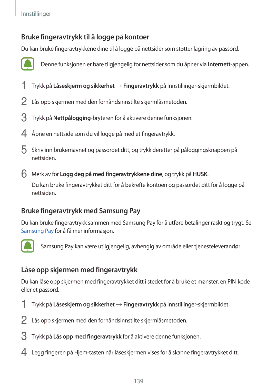 Samsung SM-A320FZDNNEE, SM-A320FZKNNEE Bruke fingeravtrykk til å logge på kontoer, Bruke fingeravtrykk med Samsung Pay 