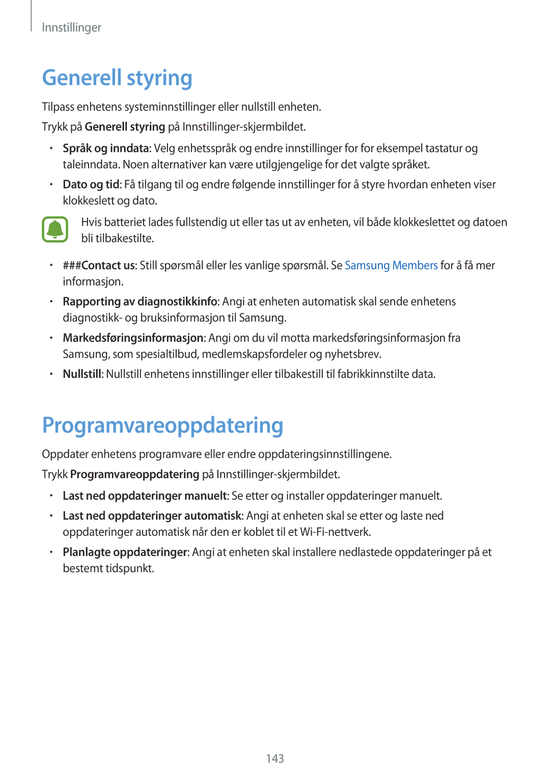 Samsung SM-A320FZINNEE, SM-A320FZKNNEE, SM-A320FZDNNEE manual Generell styring, Programvareoppdatering 