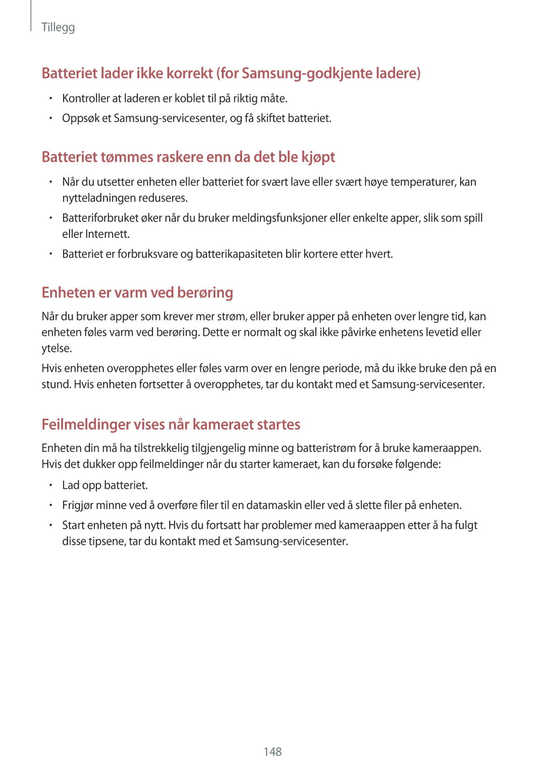 Samsung SM-A320FZDNNEE, SM-A320FZKNNEE, SM-A320FZINNEE manual Batteriet lader ikke korrekt for Samsung-godkjente ladere 