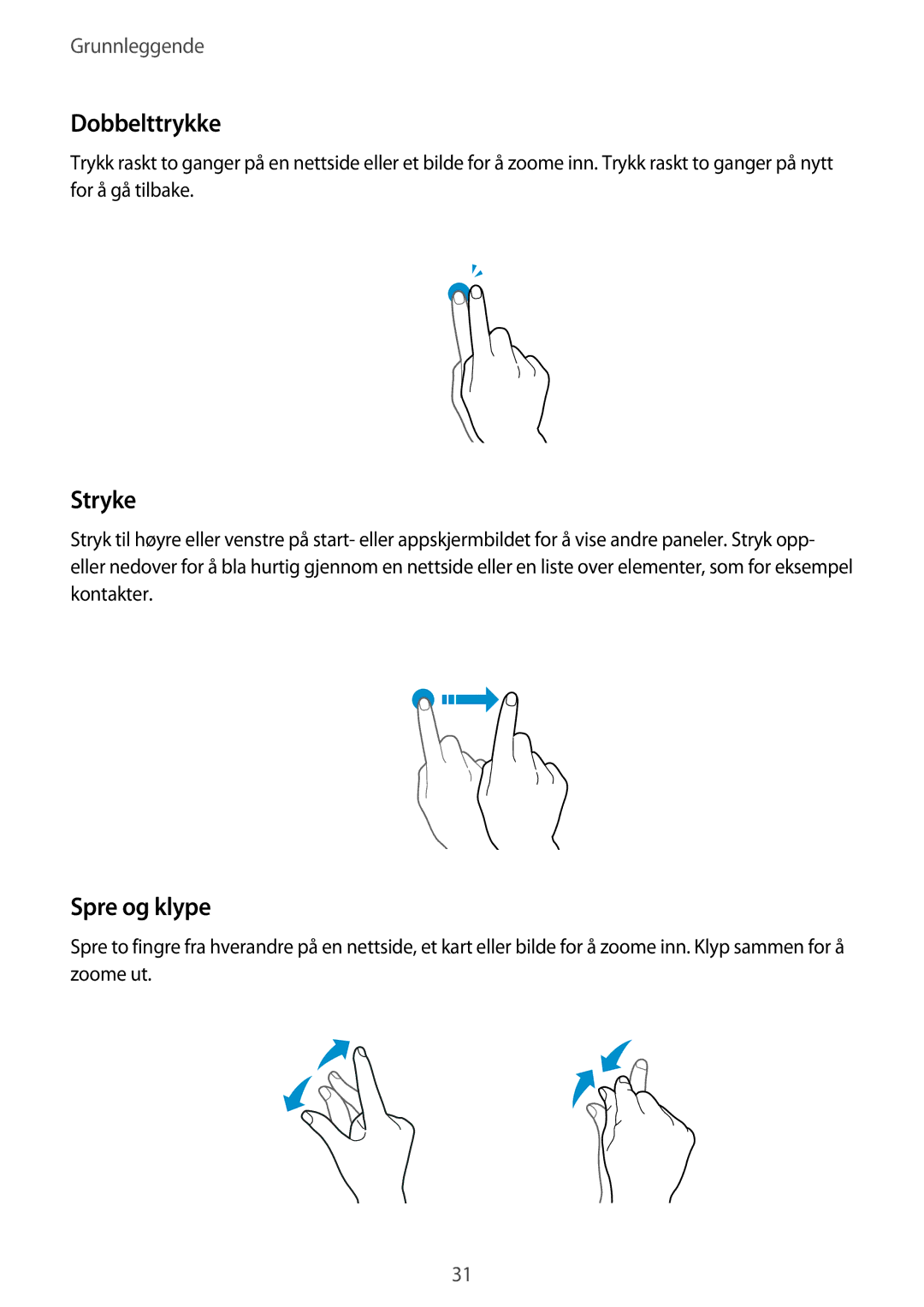 Samsung SM-A320FZDNNEE, SM-A320FZKNNEE, SM-A320FZINNEE manual Dobbelttrykke, Stryke, Spre og klype 