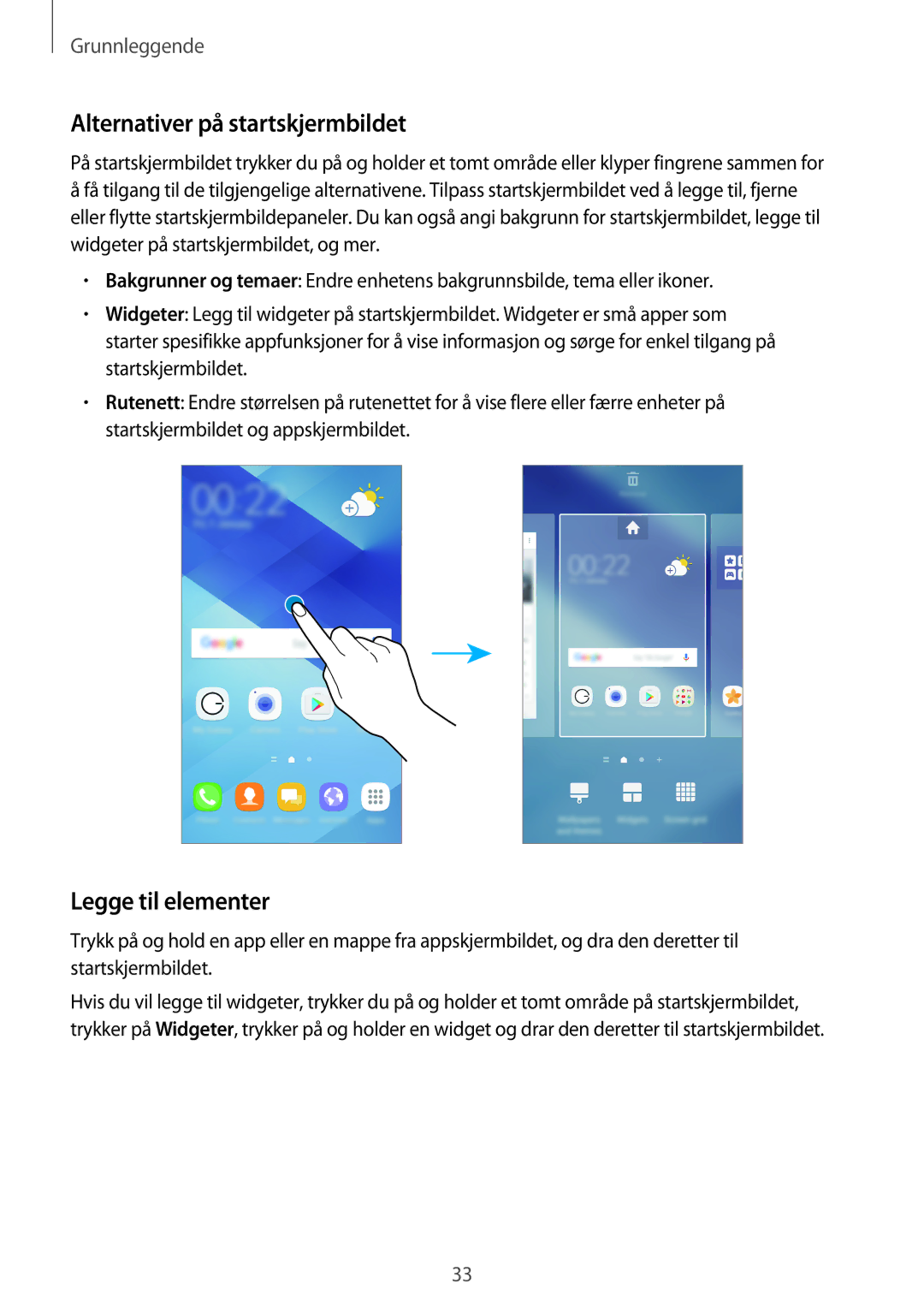 Samsung SM-A320FZKNNEE, SM-A320FZDNNEE, SM-A320FZINNEE manual Alternativer på startskjermbildet, Legge til elementer 