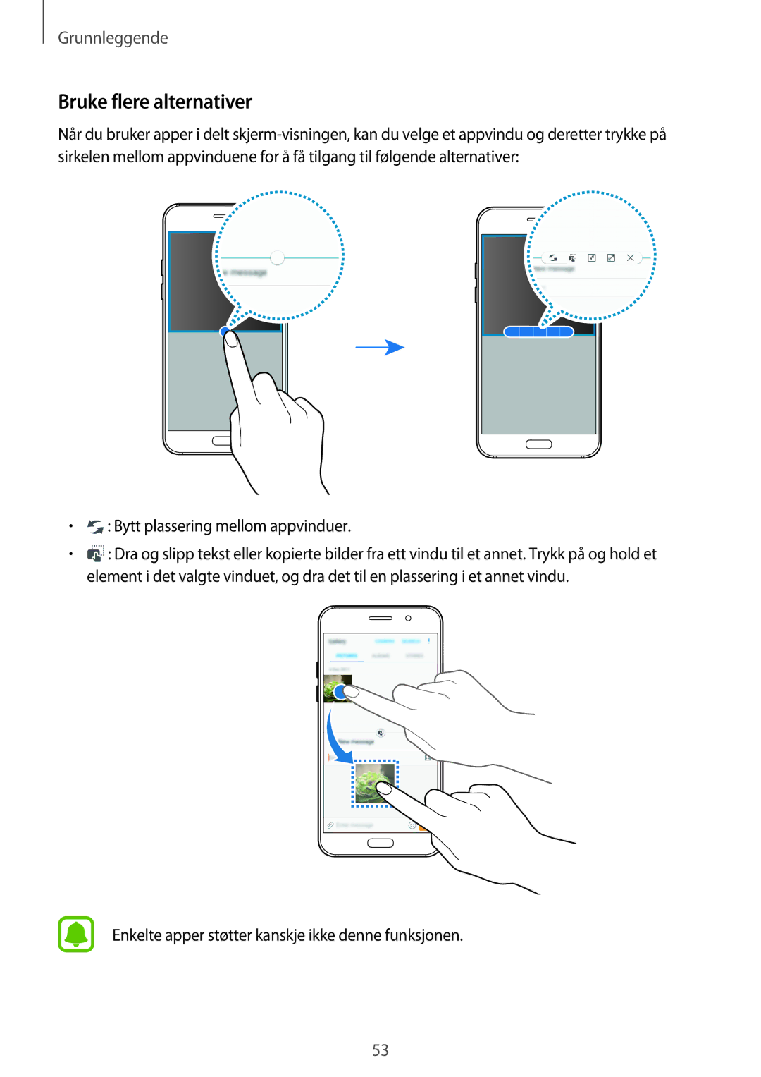 Samsung SM-A320FZINNEE, SM-A320FZKNNEE, SM-A320FZDNNEE manual Bruke flere alternativer, Bytt plassering mellom appvinduer 