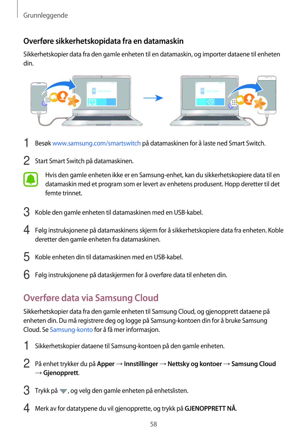 Samsung SM-A320FZDNNEE manual Overføre data via Samsung Cloud, Overføre sikkerhetskopidata fra en datamaskin, → Gjenopprett 