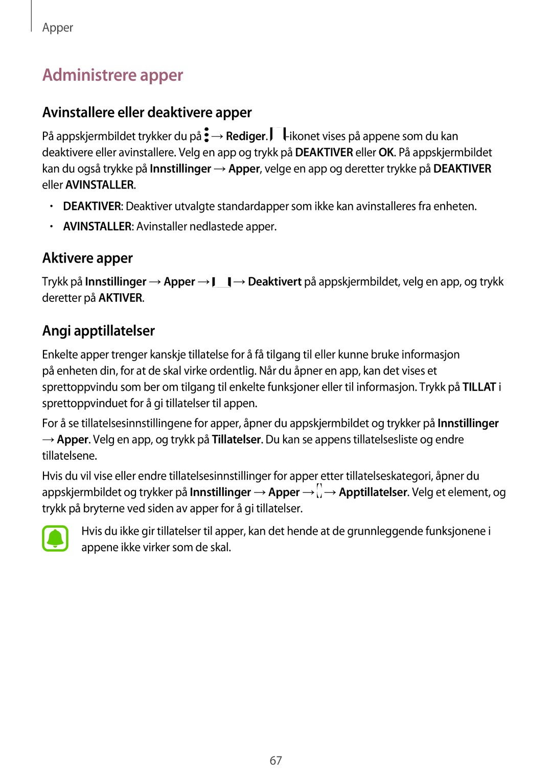 Samsung SM-A320FZDNNEE manual Administrere apper, Avinstallere eller deaktivere apper, Aktivere apper, Angi apptillatelser 