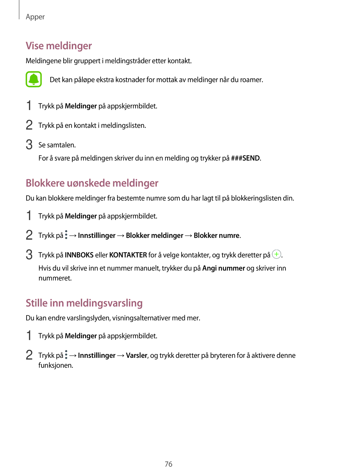 Samsung SM-A320FZDNNEE, SM-A320FZKNNEE manual Vise meldinger, Blokkere uønskede meldinger, Stille inn meldingsvarsling 